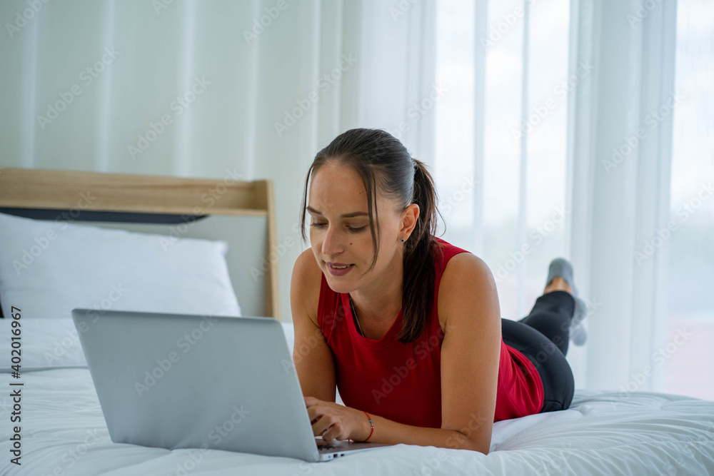 Caucasian couple lovers work from home new normal with computer laptop notebook Caucasian couple lovers work from home new normal with computer laptop notebook