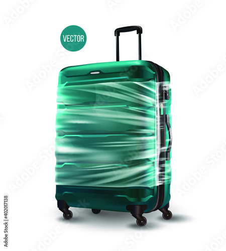 Turquoise modern travel suitcase wrapped in cellophane and plastic wrap. Realistic vector isolated on a white transparent background.