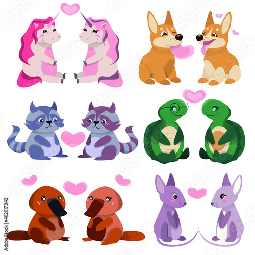 Valentine's day concept illustration with cute animals love cartoon characters set. Greeting card with cute cartoon little Valentine animals. Vector illustration