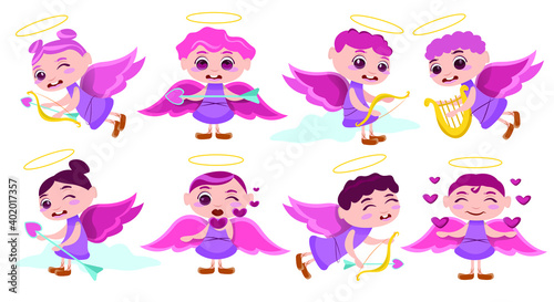 Pack illustrated cupid character. Cupid angels characters. Flying  sitting on clouds  spreading love. Happy Valentine s Day. Cute character in different poses. Vector illustration