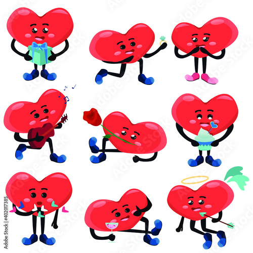 Set cute humanized hearts different actions couple love valentine's day theme. Cartoon element for Valentine's Day greeting card. Vector illustration