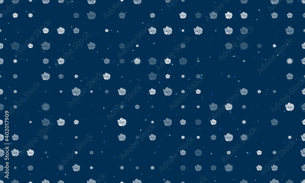 Seamless background pattern of evenly spaced white roses of different sizes and opacity. Vector illustration on dark blue background with stars