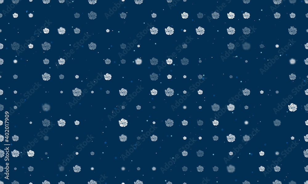 Seamless background pattern of evenly spaced white roses of different sizes and opacity. Vector illustration on dark blue background with stars Seamless background pattern of evenly spaced white roses of different sizes and opacity. Vector illustration on dark blue background with stars