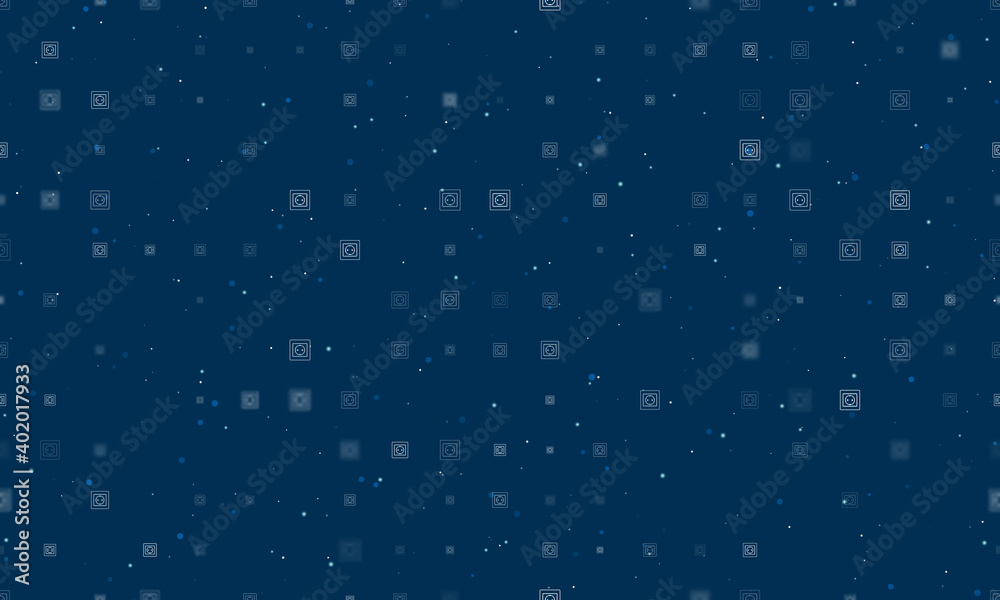 Seamless background pattern of evenly spaced white power socket symbols of different sizes and opacity. Vector illustration on dark blue background with stars
