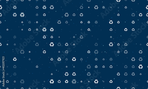 Seamless background pattern of evenly spaced white recycling symbols of different sizes and opacity. Vector illustration on dark blue background with stars