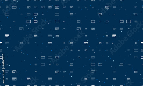 Seamless background pattern of evenly spaced white credit card symbols of different sizes and opacity. Vector illustration on dark blue background with stars