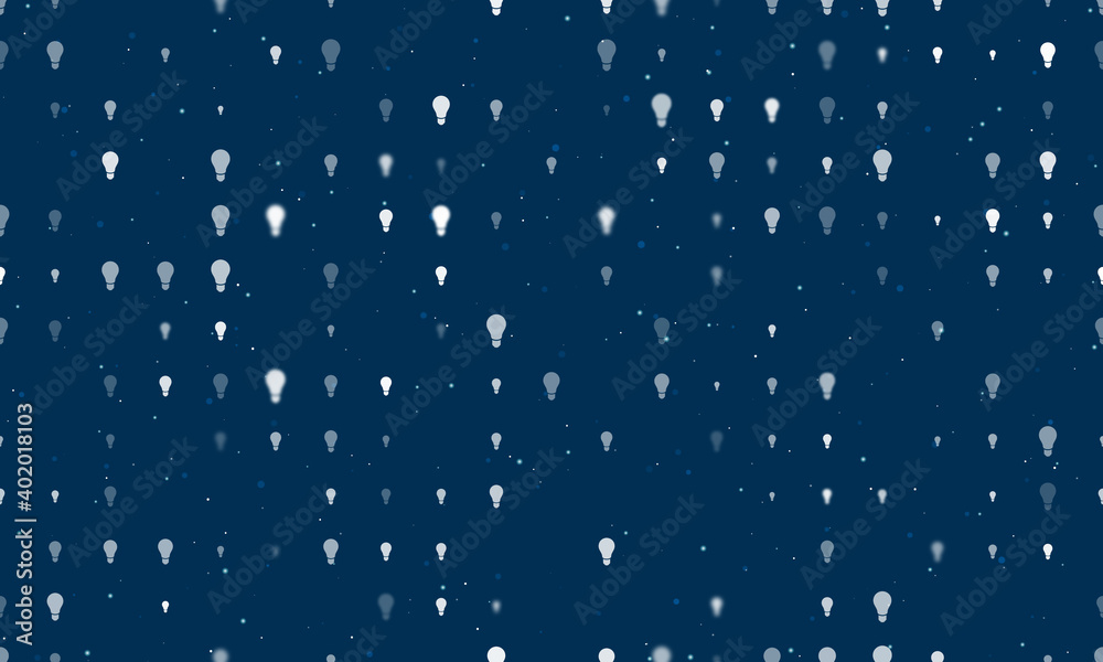 Seamless background pattern of evenly spaced white lamp symbols of different sizes and opacity. Vector illustration on dark blue background with stars