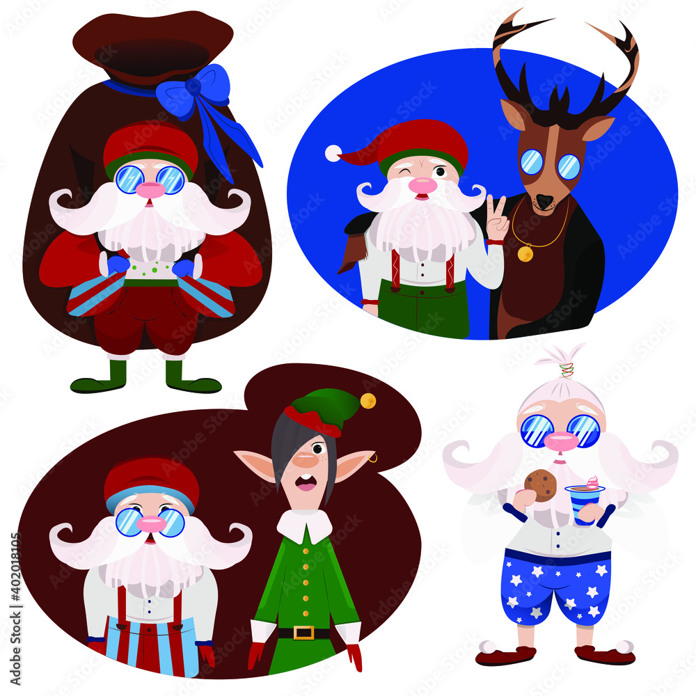 Cartoon santa set. Character cute and style santa with helpers deer ana elf on white background flat. Christmas and New year Santa Claus. Vector illustration