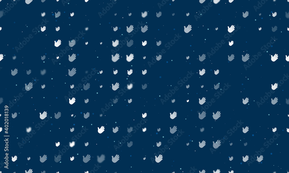 Seamless background pattern of evenly spaced white hands of different sizes and opacity. Vector illustration on dark blue background with stars