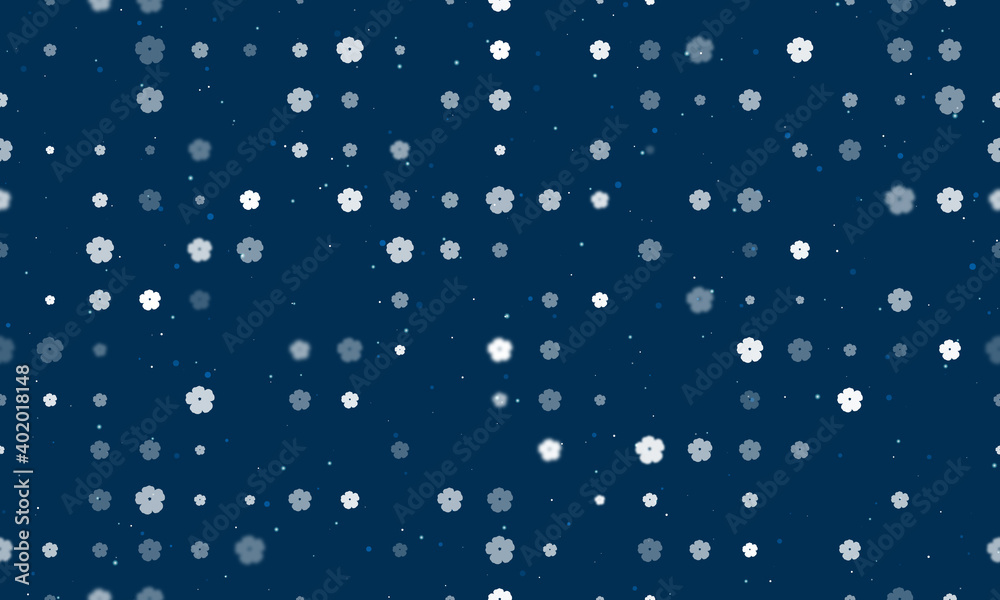 Seamless background pattern of evenly spaced white geraniums of different sizes and opacity. Vector illustration on dark blue background with stars Seamless background pattern of evenly spaced white geraniums of different sizes and opacity. Vector illustration on dark blue background with stars