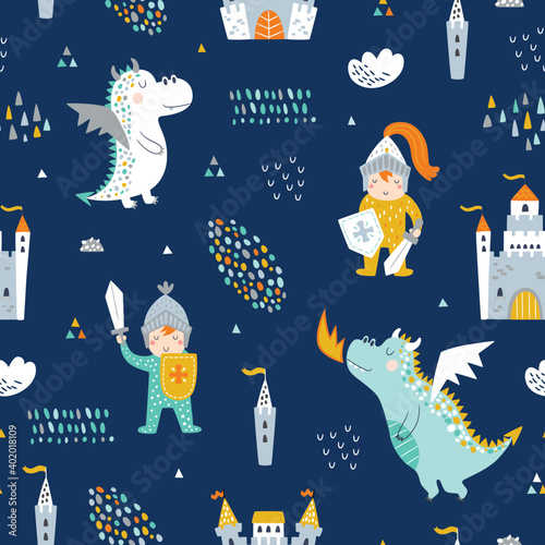 Childish seamless pattern with knight, dragon and castle. Perfect for kids design, fabric, wrapping, wallpaper, textile, apparel