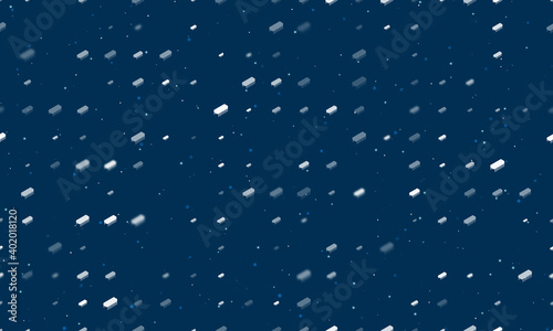 Seamless background pattern of evenly spaced white integrated circuit symbols of different sizes and opacity. Vector illustration on dark blue background with stars