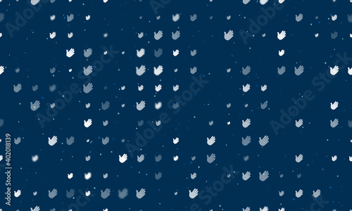 Seamless background pattern of evenly spaced white hands of different sizes and opacity. Vector illustration on dark blue background with stars