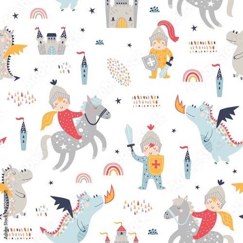 Childish seamless pattern with knight, dragon and castle. Perfect for kids design, fabric, wrapping, wallpaper, textile, apparel