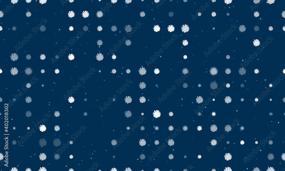Seamless background pattern of evenly spaced white chamomile flowers of different sizes and opacity. Vector illustration on dark blue background with stars