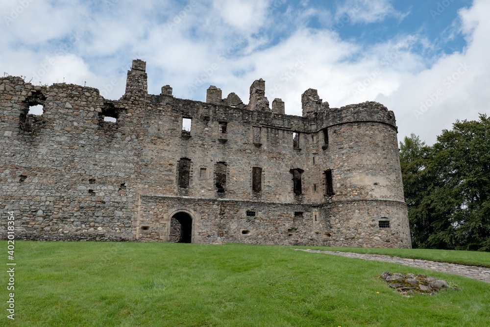 Ruins of Balvenie Castle near Dufftown in Scotland, United Kingdom with blue sky