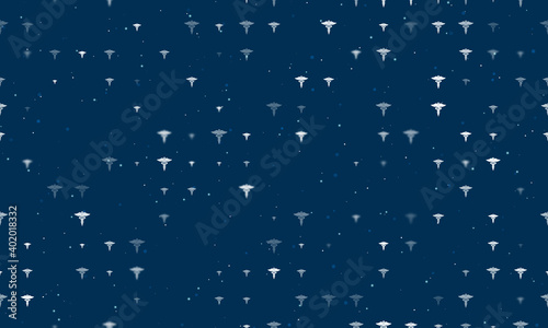 Seamless background pattern of evenly spaced white caduceus symbols of different sizes and opacity. Vector illustration on dark blue background with stars