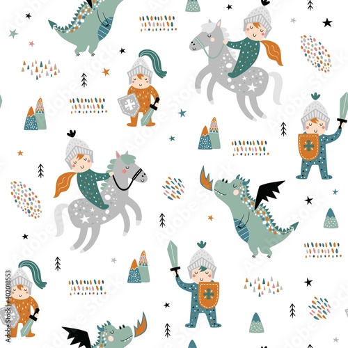 Childish seamless pattern with knight, dragon and castle. Perfect for kids design, fabric, wrapping, wallpaper, textile, apparel