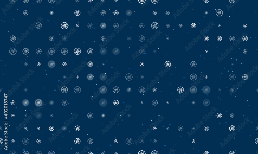 Seamless background pattern of evenly spaced white stop coronavirus symbols of different sizes and opacity. Vector illustration on dark blue background with stars