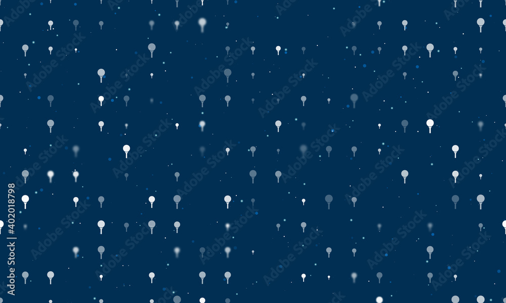 Seamless background pattern of evenly spaced white golf symbols of different sizes and opacity. Vector illustration on dark blue background with stars