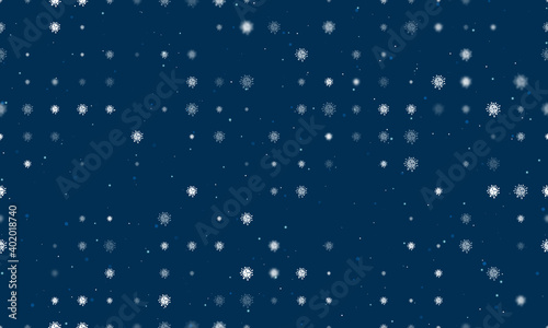 Seamless background pattern of evenly spaced white coronavirus symbols of different sizes and opacity. Vector illustration on dark blue background with stars © Alexey
