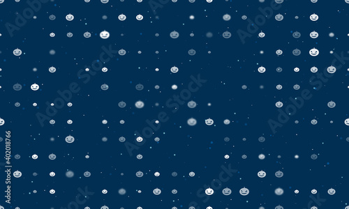 Seamless background pattern of evenly spaced white halloween pumpkin symbols of different sizes and opacity. Vector illustration on dark blue background with stars