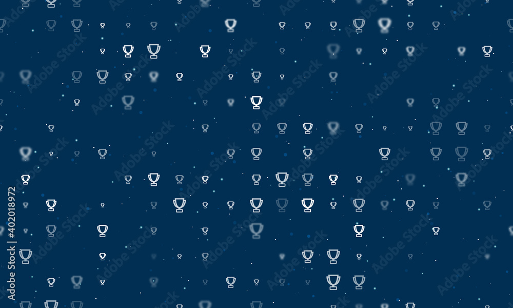 Seamless background pattern of evenly spaced white trophy symbols of different sizes and opacity. Vector illustration on dark blue background with stars