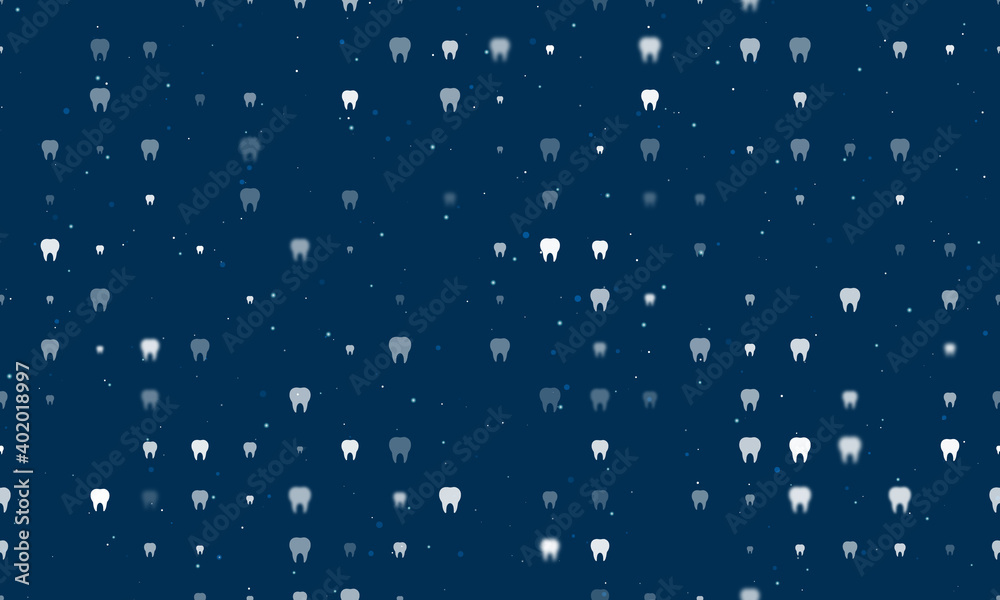 Seamless background pattern of evenly spaced white tooth symbols of different sizes and opacity. Vector illustration on dark blue background with stars