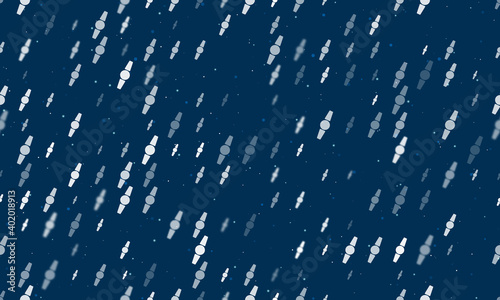 Seamless background pattern of evenly spaced white wristwatch symbols of different sizes and opacity. Vector illustration on dark blue background with stars