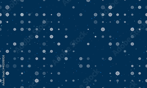 Seamless background pattern of evenly spaced white wheel symbols of different sizes and opacity. Vector illustration on dark blue background with stars