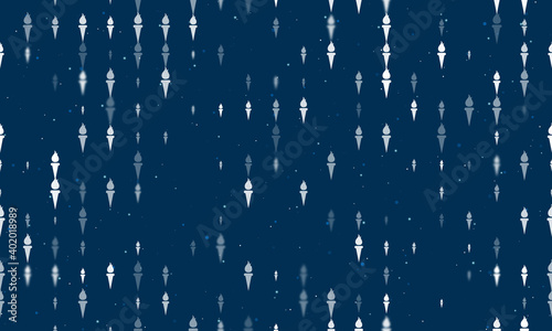 Seamless background pattern of evenly spaced white torch symbols of different sizes and opacity. Vector illustration on dark blue background with stars