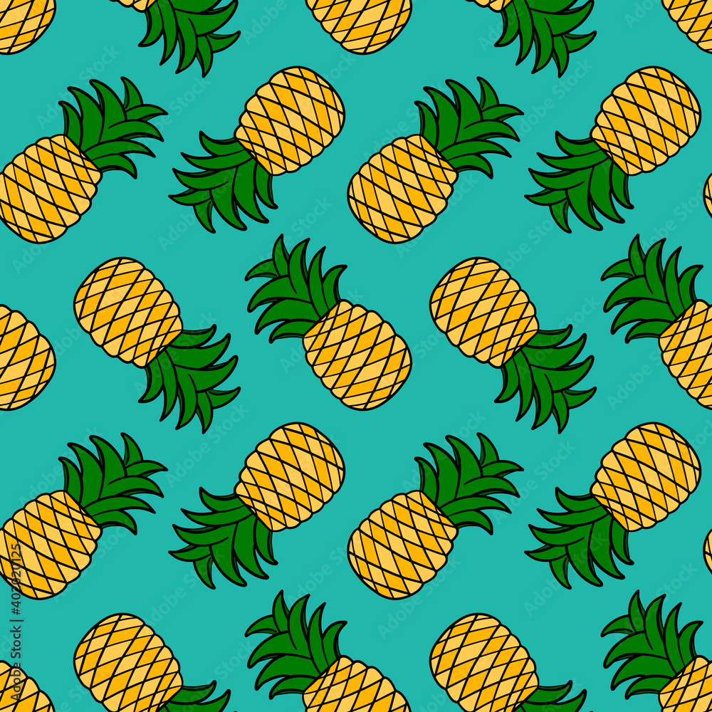 Tropical pineapple doodle, hand drawn style vector seamless pattern background.