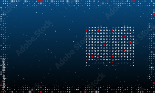 On the right is the book symbol filled with white dots. Pointillism style. Abstract futuristic frame of dots and circles. Some dots is red. Vector illustration on blue background with stars photo