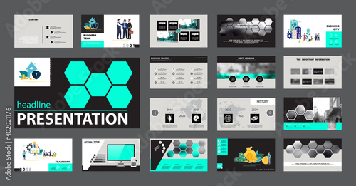 New technology. Business presentation, infographic design template with turquoise and black elements, gray background. A team of people creates a business. Financial work.Use of flyers, SEO, marketing