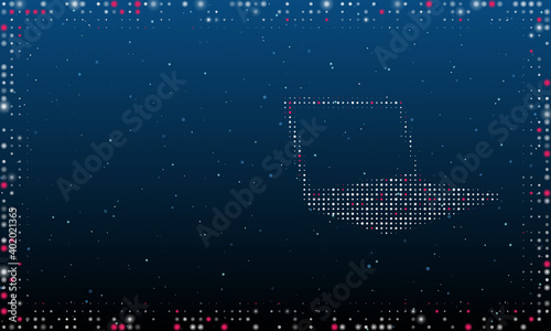 On the right is the notebook symbol filled with white dots. Pointillism style. Abstract futuristic frame of dots and circles. Some dots is pink. Vector illustration on blue background with stars