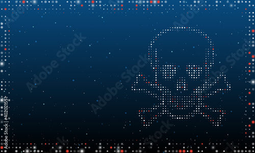 On the right is the skull symbol filled with white dots. Pointillism style. Abstract futuristic frame of dots and circles. Some dots is red. Vector illustration on blue background with stars
