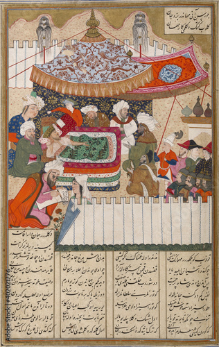 Canvas Print An old illuminated manuscript of Iskandar dying, Persian miniature from the Shah