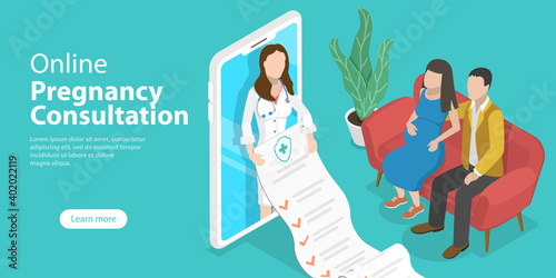 3D Isometric Flat Vector Conceptual Illustration of Online Pregnancy Consultation, Pregnant Woman Assistance.