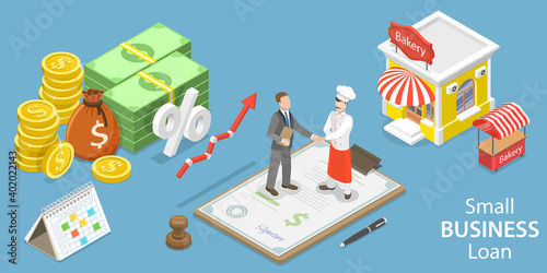 3D Isometric Flat Vector Conceptual Illustration of Small Business Loan, Business Financing.