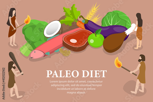 3D Isometric Flat Vector Conceptual Illustration of Paleo Diet, Healthy and Balanced Eating.