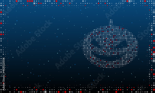 On the right is the halloween pumpkin symbol filled with white dots. Abstract futuristic frame of dots and circles. Vector illustration on blue background with stars