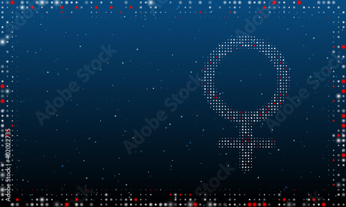 On the right is the venus symbol filled with white dots. Pointillism style. Abstract futuristic frame of dots and circles. Some dots is red. Vector illustration on blue background with stars
