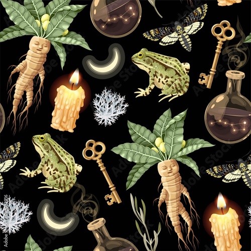 Seamless magic pattern with supply for witchcraft photo