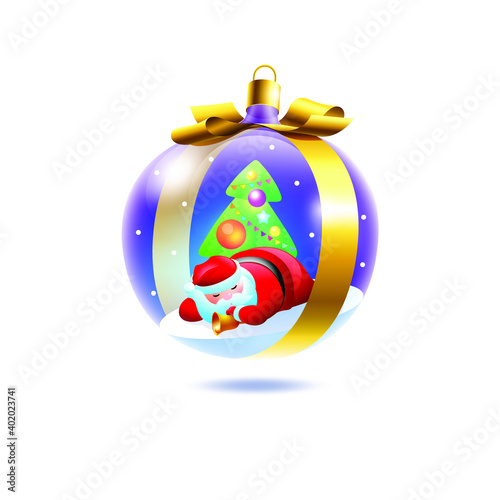 Sleeping Santa Claus in a Christmas ball. Tired character. Celebratory finale. Vector illustration. Isolated objects.