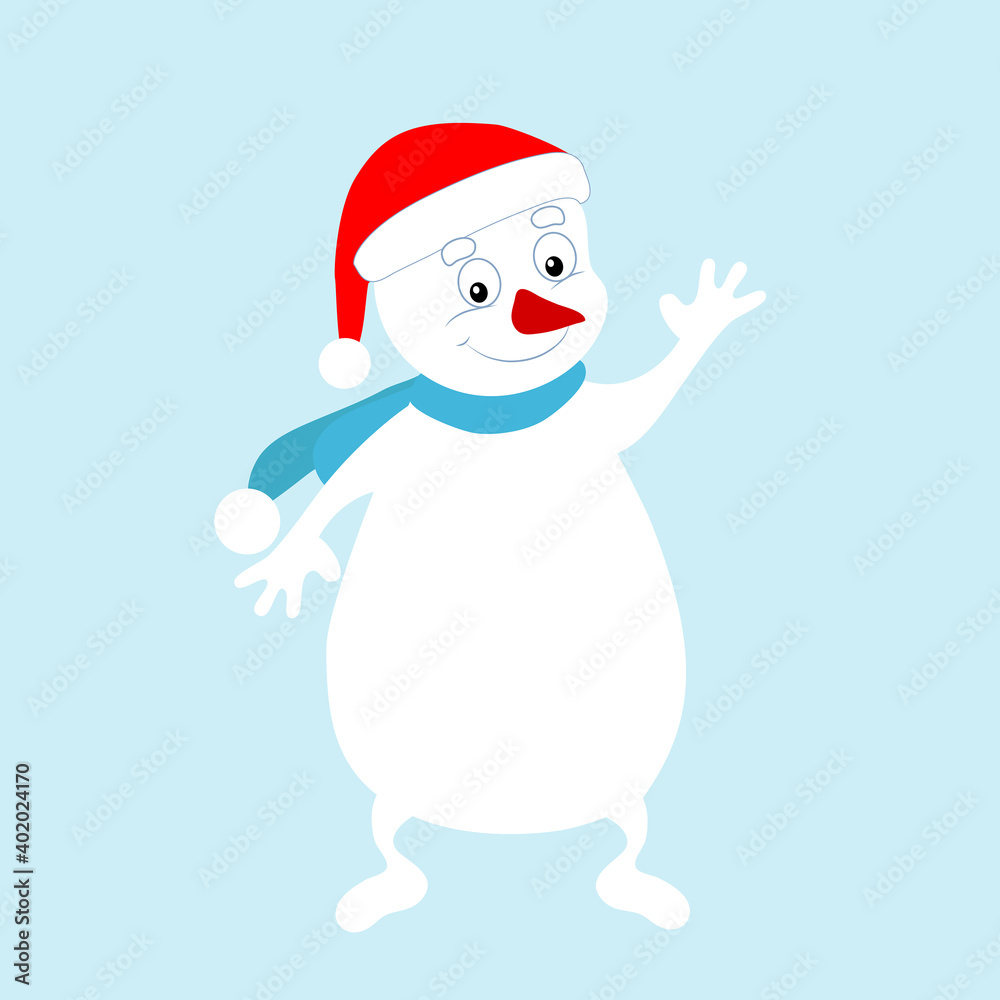 Cheerful joyful snowman in a hat of Santa Claus waves his hand. Picture of a cartoon winter character. Illustration for New Year's greetings, decor.