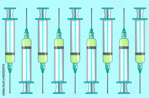 Design of blue disposable syringes and needles with a light green liquid inside as a vaccine. Vaccination instruments with a light blue aquamarine background