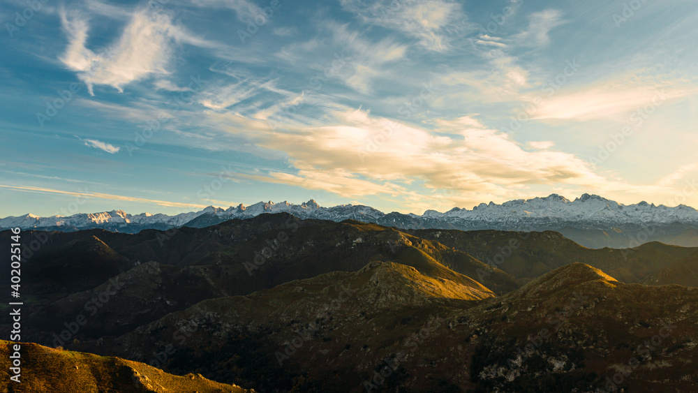 spectacular panoramic view of the Cantabrian Mountains and the Picos de Europa at sunset. Landscapes and nature. european peaks.