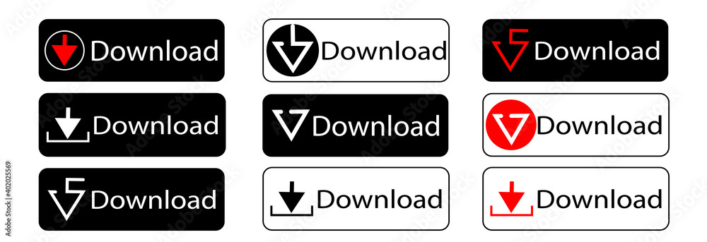 Icon of Download buttons .Black and white button icons isolated on white background.