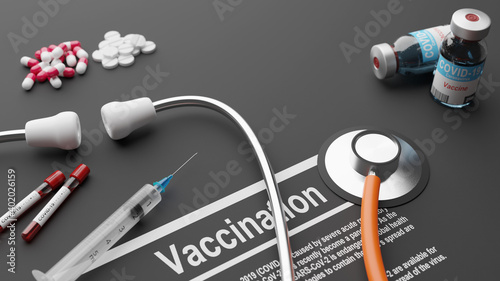 Stethoscope with vaccination test. Concepual 3D rendering photo