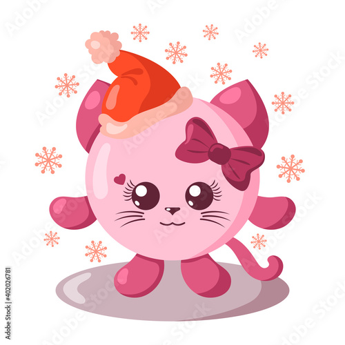 Funny cute kawaii cat girl with Christmas hat and round body surroundet by snowflakes in flat design with shadows. Isolated winter holiday vector illustration 
